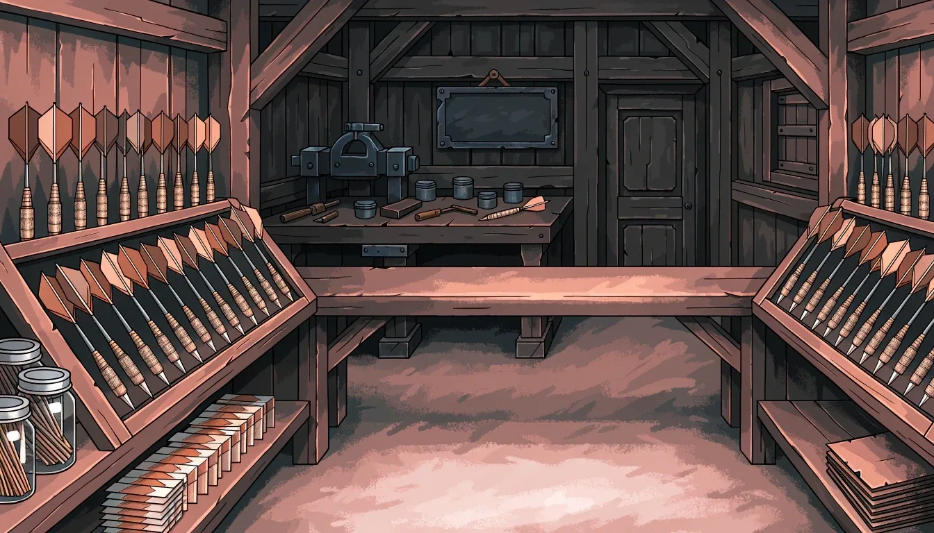 A dim fantasy dart shop with shelves of gear