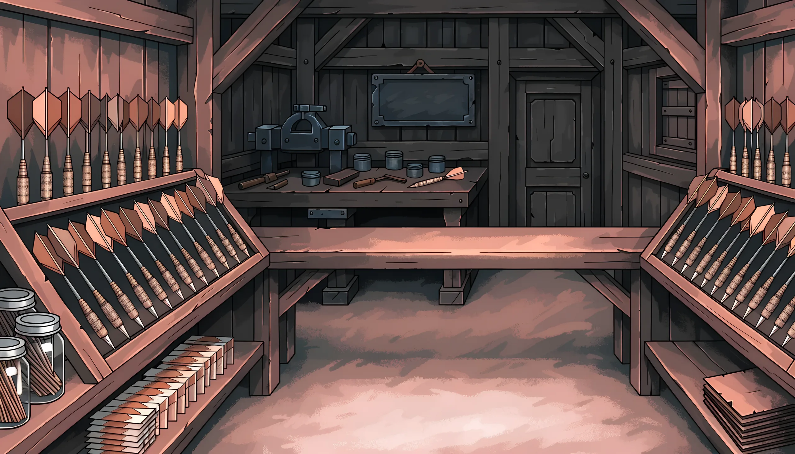 A dim fantasy dart shop with shelves of gear