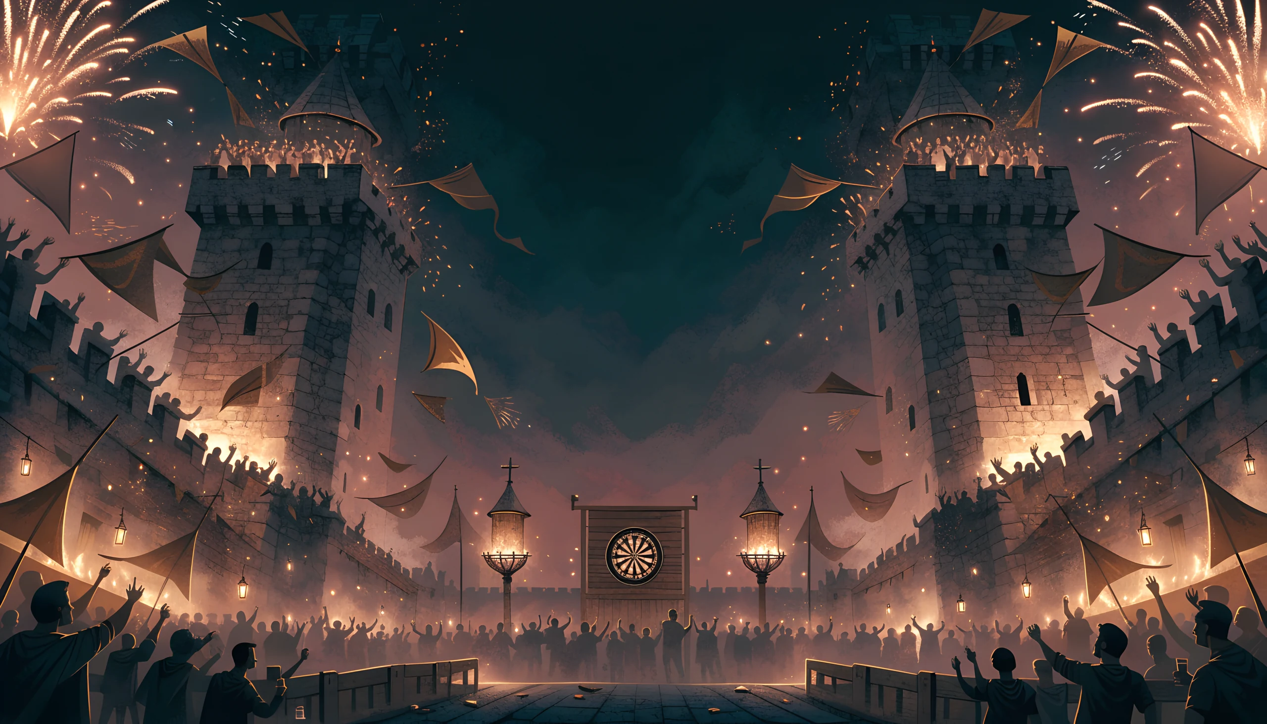 A calm fantasy tavern dart hall in warm brown light